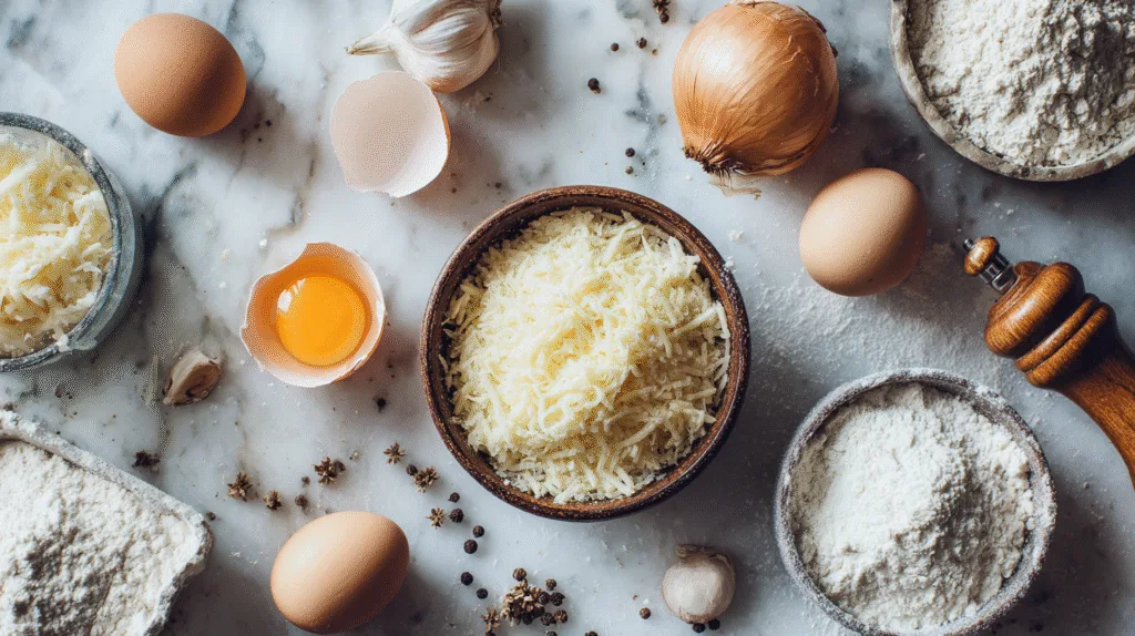 Vue du dessus des ingrédients frais pour la recette : rapé de pomme de terre, œufs, oignons et épices sur un plan de travail en marbre.
