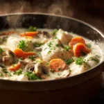 Une délicieuse blanquette de poulet onctueuse mijotant dans une cocotte en fonte avec carottes et champignons.