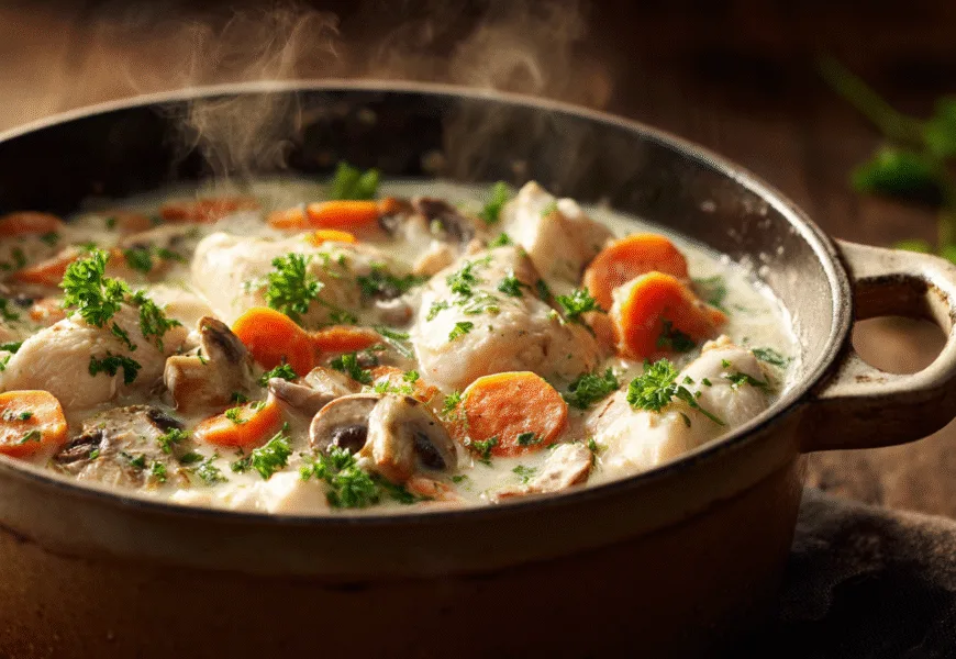 Une délicieuse blanquette de poulet onctueuse mijotant dans une cocotte en fonte avec carottes et champignons.