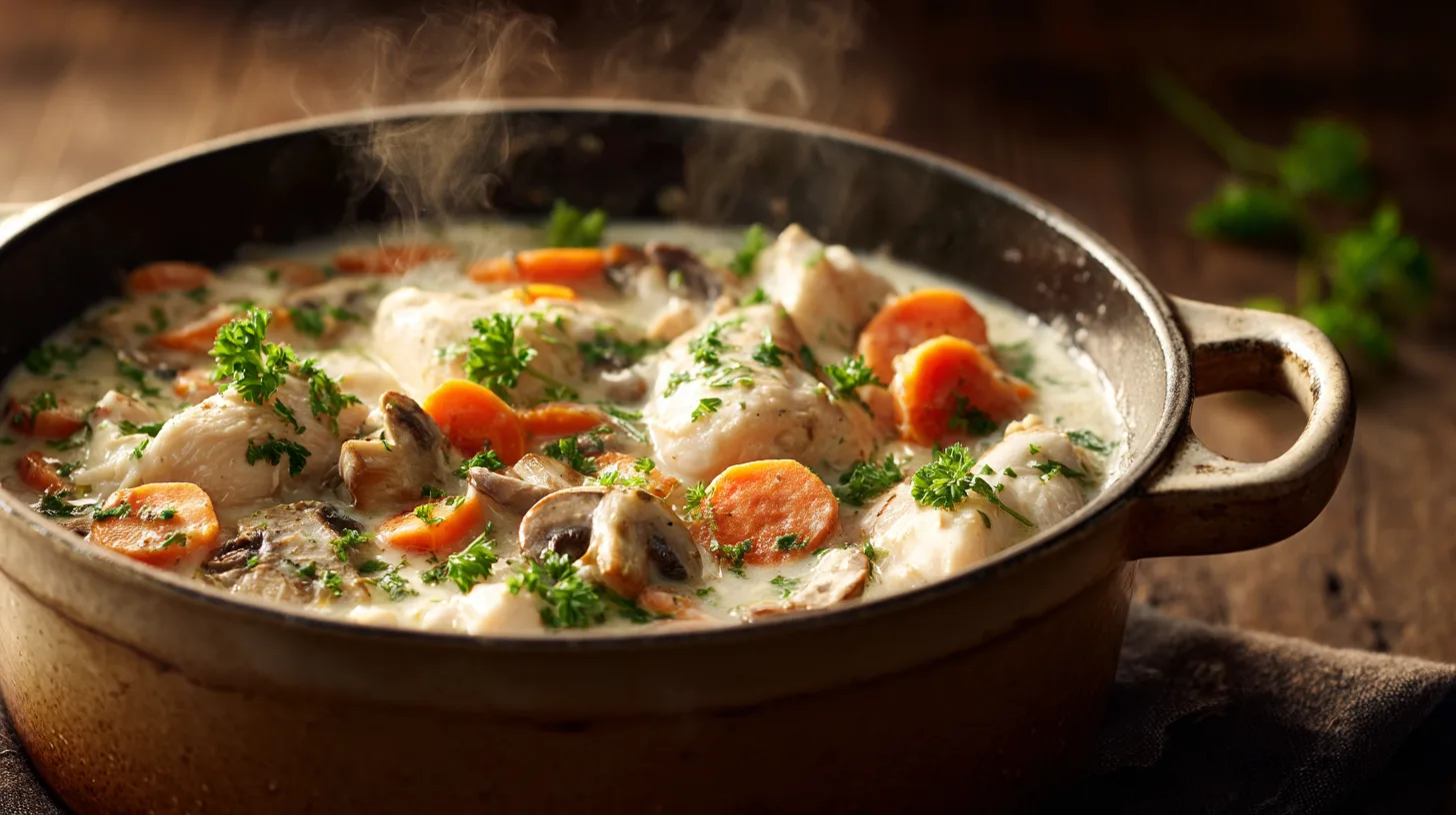 Une délicieuse blanquette de poulet onctueuse mijotant dans une cocotte en fonte avec carottes et champignons.