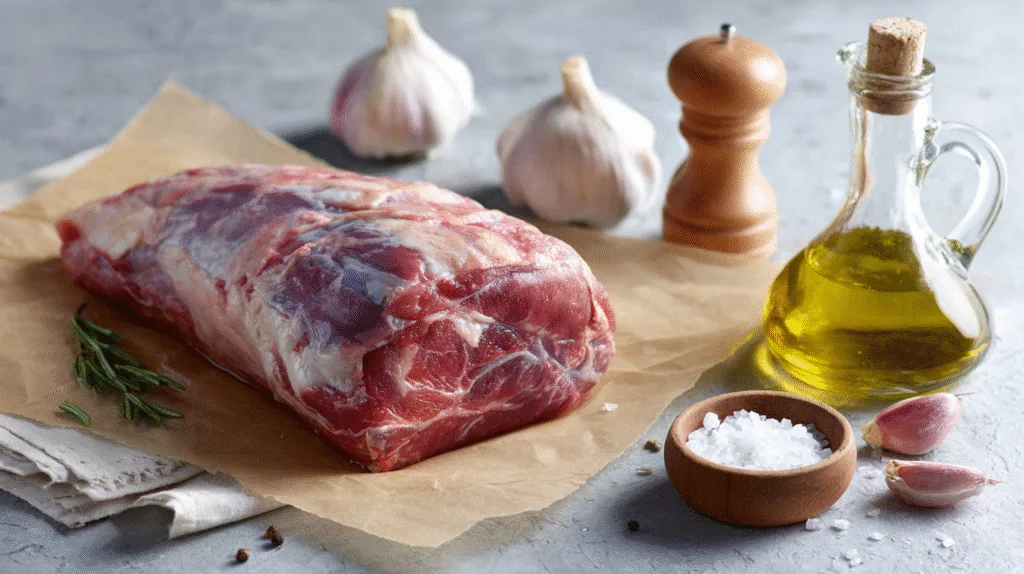 Gigot d'agneau cru de qualité sur papier boucher avec les ingrédients de préparation : ail, sel, poivre et huile.