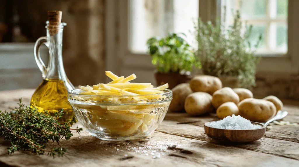 Préparation de la frite air fryer avec des pommes de terre Agria coupées et prêtes au trempage.