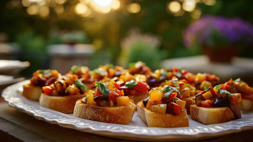 Crostini de caponata servis lors d'un apéritif dînatoire dans un jardin en Provence.