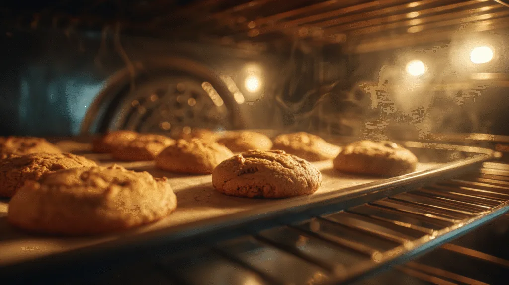 Vue à travers la vitre du four montrant la cuisson de cookies la recette parfaits qui dorent doucement.