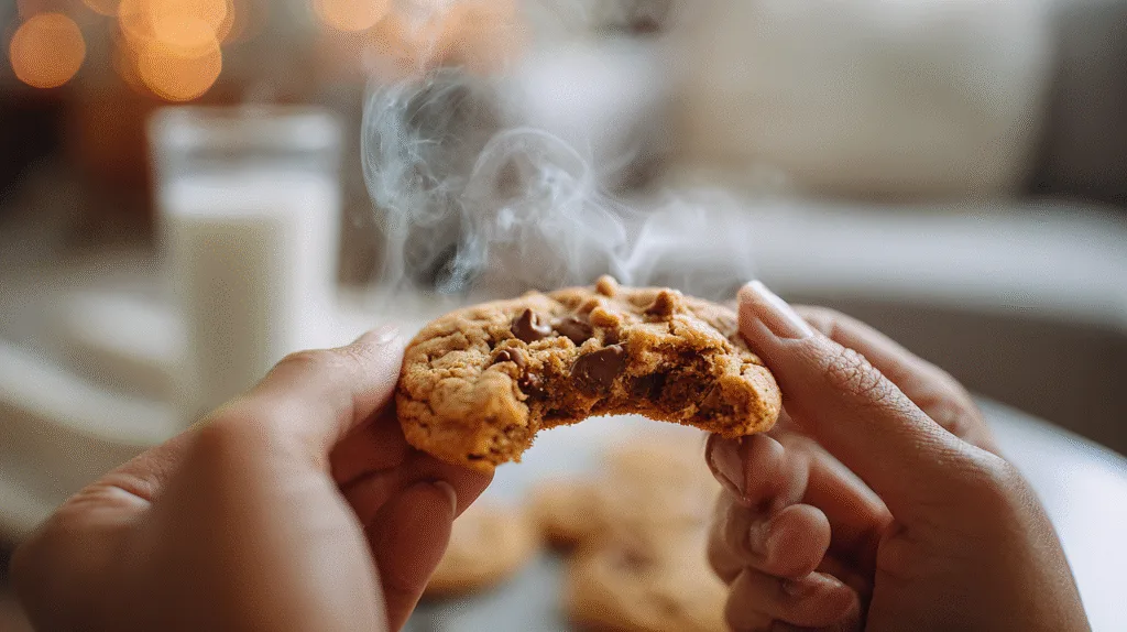 Démonstration de la texture d'un cookie fondant cassé en deux révélant un cœur moelleux, idéal pour la recette cookies.