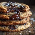 Gros plan sur des cookies la recette moelleuse avec des pépites de chocolat fondant et de la fleur de sel sur une table en bois.