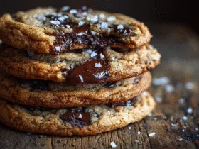 Gros plan sur des cookies la recette moelleuse avec des pépites de chocolat fondant et de la fleur de sel sur une table en bois.