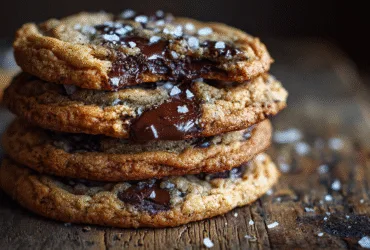 Gros plan sur des cookies la recette moelleuse avec des pépites de chocolat fondant et de la fleur de sel sur une table en bois.