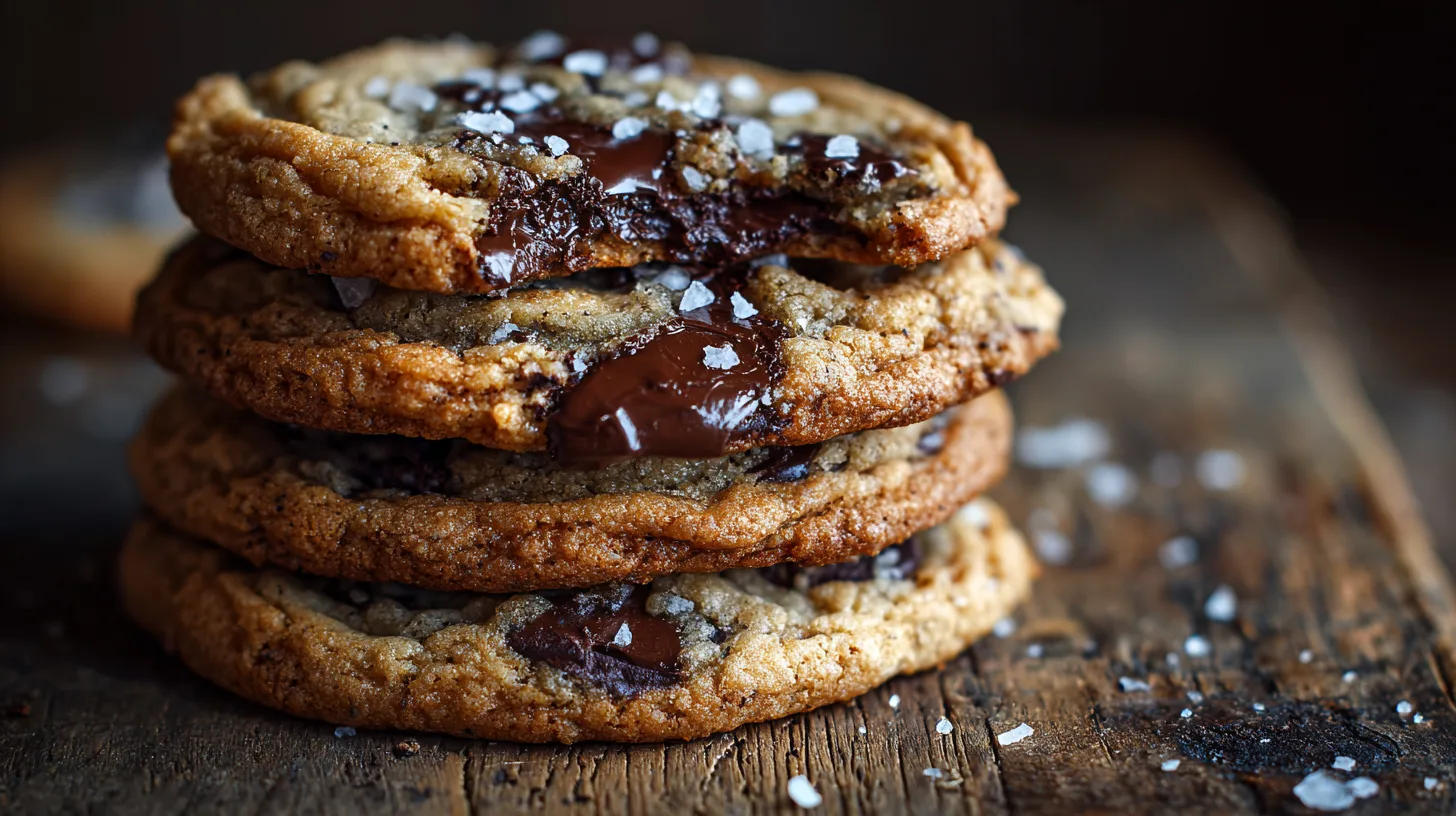 Gros plan sur des cookies la recette moelleuse avec des pépites de chocolat fondant et de la fleur de sel sur une table en bois.