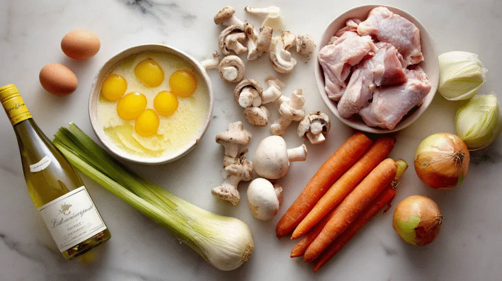 Les ingrédients frais nécessaires pour la recette blanquette de dinde : viande, crème, légumes et vin blanc.