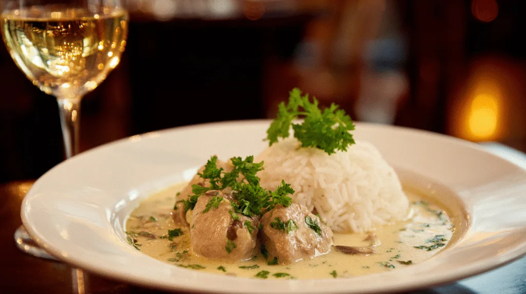 Une assiette élégante de blanquette de dinde servie avec du riz et un verre de vin blanc.