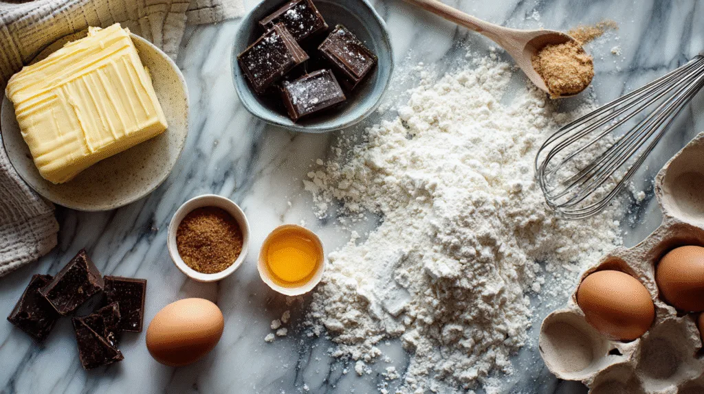 Ingrédients essentiels pour réussir cookies la recette maison : beurre, farine, sucre roux et chocolat sur un plan de travail.