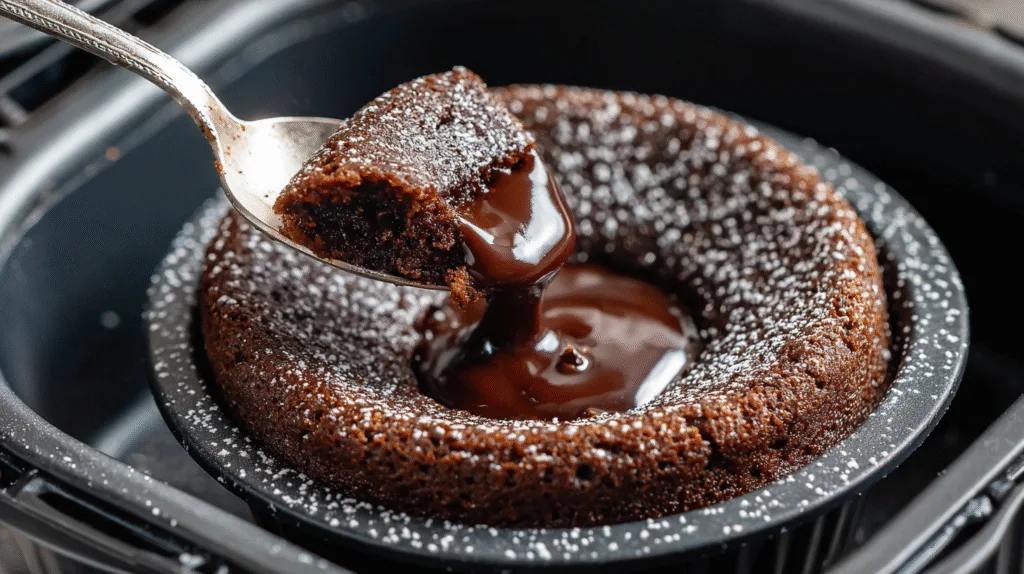 Un gâteau air fryer au chocolat moelleux dans le panier de cuisson.