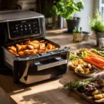 Un Air Fryer ouvert montrant une variété de recettes air fryer dorées et saines sur un plan de travail de cuisine.