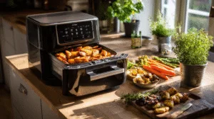 Un Air Fryer ouvert montrant une variété de recettes air fryer dorées et saines sur un plan de travail de cuisine.