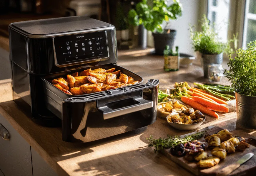 Un Air Fryer ouvert montrant une variété de recettes air fryer dorées et saines sur un plan de travail de cuisine.