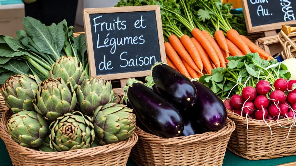 Étal de marché en France avec des légumes frais de saison pour préparer une recette healthy et locale.