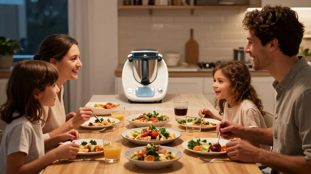Une famille française profitant d'un dîner préparé avec une recette thermomix rapide soir, ambiance conviviale.