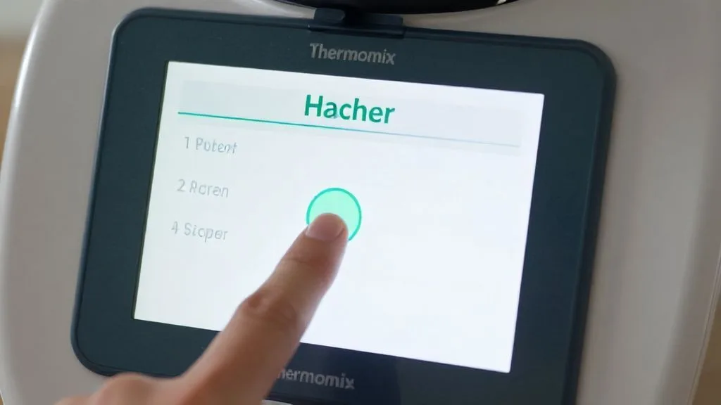 Interface de l'écran tactile du Thermomix TM6 affichant une étape de recette guidée.