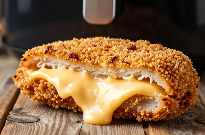 Coupe transversale d'un cordon bleu maison croustillant préparé avec une recette air fryer, fromage fondu coulant.