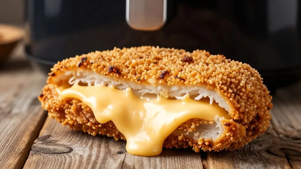 Coupe transversale d'un cordon bleu maison croustillant préparé avec une recette air fryer, fromage fondu coulant.