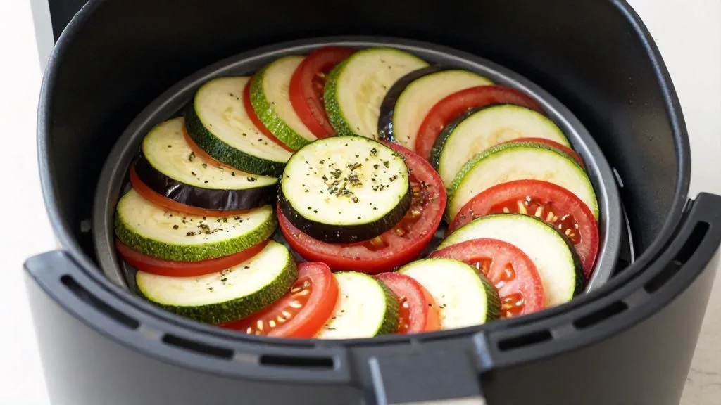 Tian de légumes coloré (courgettes, tomates) prêt à cuire, une idée recette airfryer végétarienne saine.