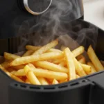 Panier d'un air fryer rempli de frites dorées et croustillantes prêtes à être dégustées.