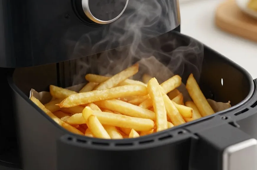 Panier d'un air fryer rempli de frites dorées et croustillantes prêtes à être dégustées.