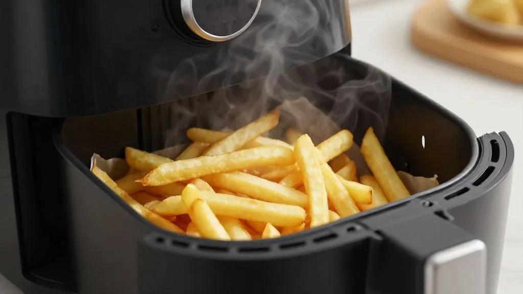 Panier d'un air fryer rempli de frites dorées et croustillantes prêtes à être dégustées.
