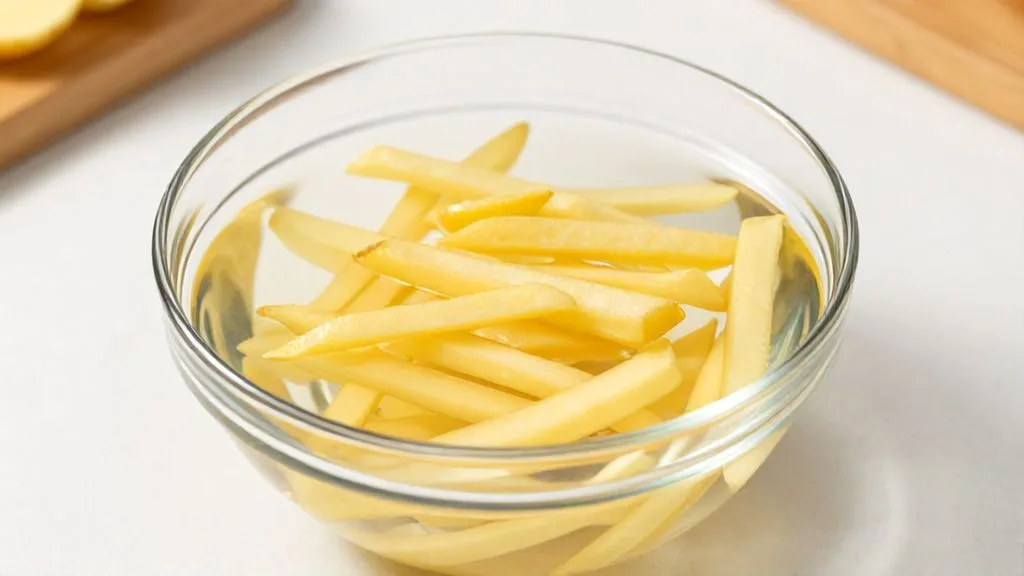 Bâtonnets de pommes de terre Agria trempant dans l'eau pour retirer l'amidon avant la cuisson des frites air fryer.