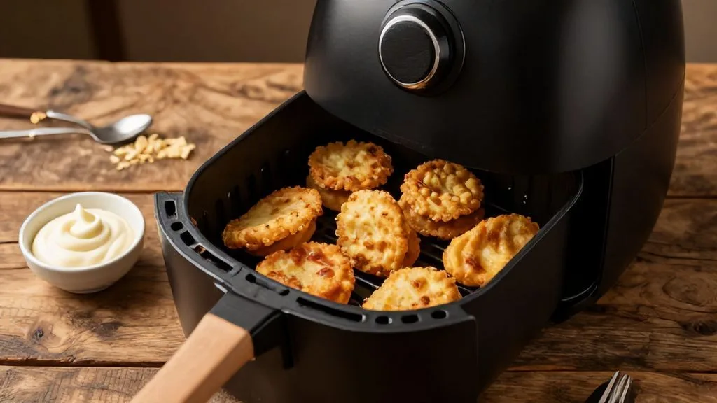 Assiette gourmande de frites air fryer maison servies avec des sauces sur une table en bois.