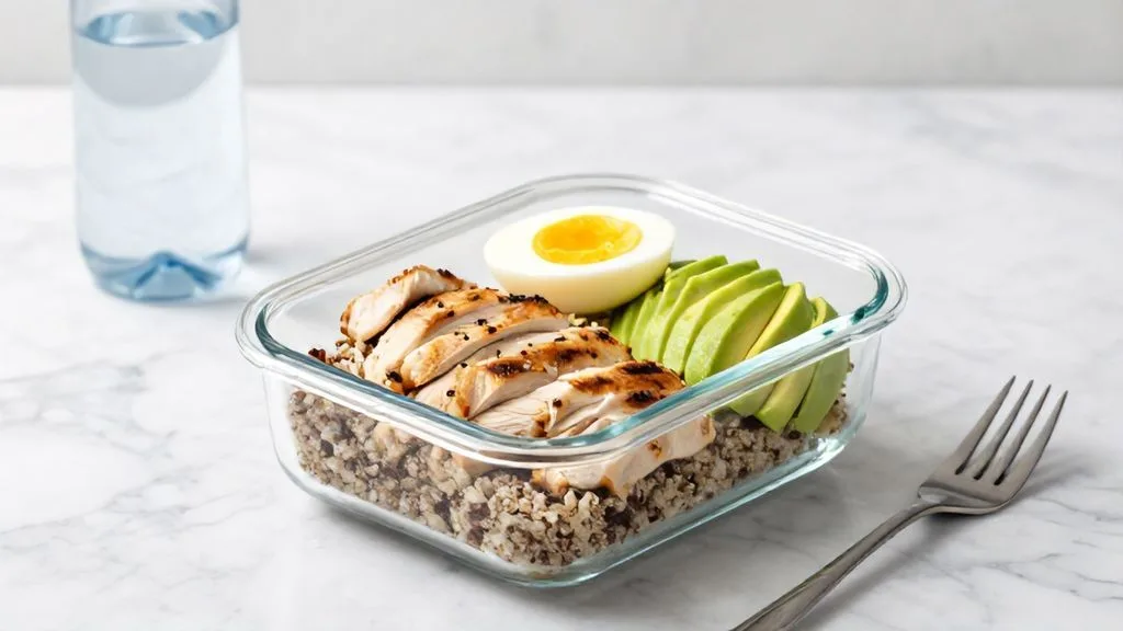 Une idée repas sain pour le déjeuner dans une boîte en verre, contenant quinoa, poulet et légumes, prêt à emporter.