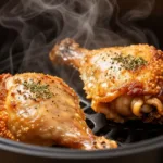 Deux cuisses de poulet air fryer dorées et croustillantes dans le panier de cuisson, prêtes à être servies.