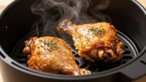 Deux cuisses de poulet air fryer dorées et croustillantes dans le panier de cuisson, prêtes à être servies.