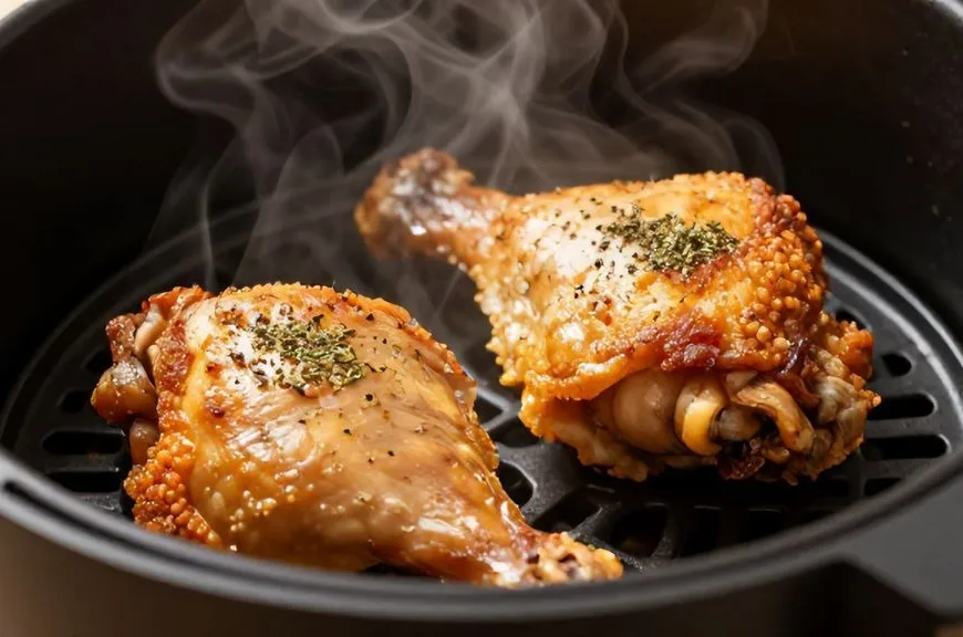 Deux cuisses de poulet air fryer dorées et croustillantes dans le panier de cuisson, prêtes à être servies.