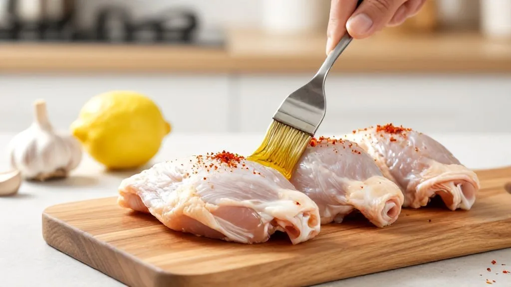 Préparation d'une cuisse poulet air fryer avec badigeonnage d'huile et épices sur une planche en bois.