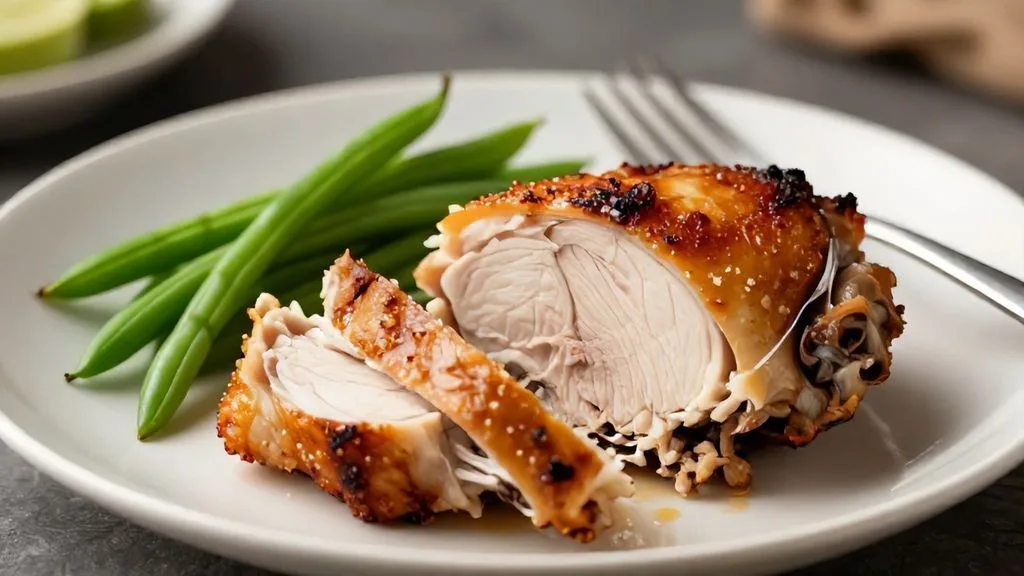 Haut de cuisse de poulet au air fryer cuit à la perfection, montrant une chair juteuse et une peau grillée.