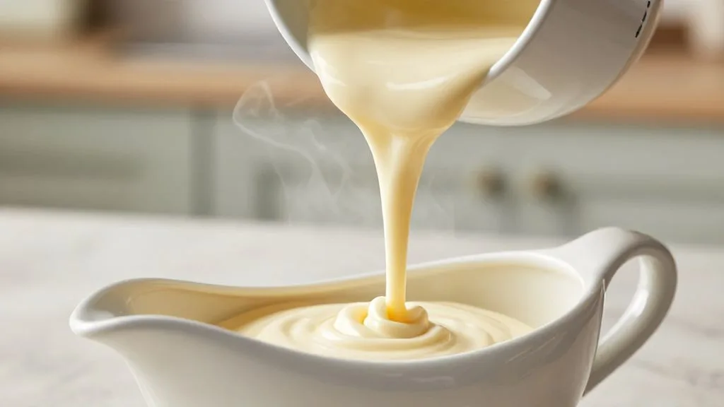 Une sauce bechamel thermomix onctueuse et sans grumeaux versée dans une saucière, prête à servir.