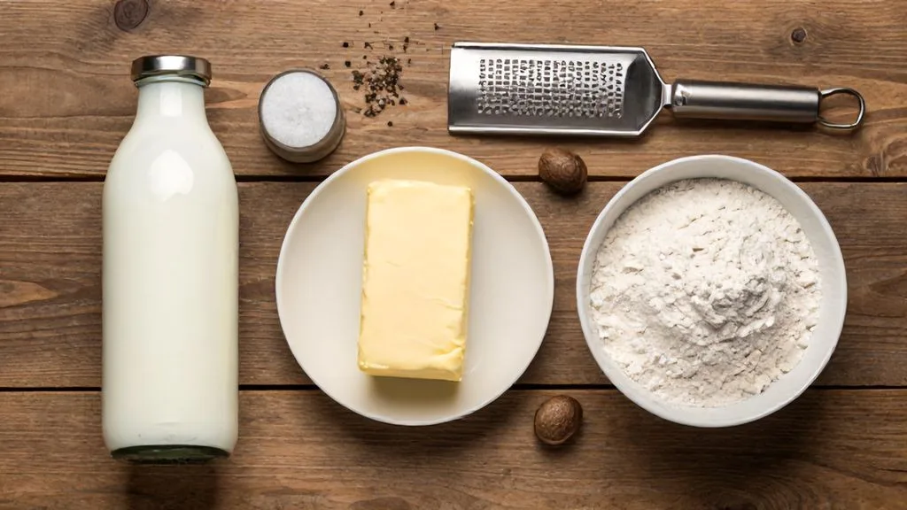 Les ingrédients essentiels pour la bechamel thermomix : lait, beurre, farine et noix de muscade disposés sur une table en bois.