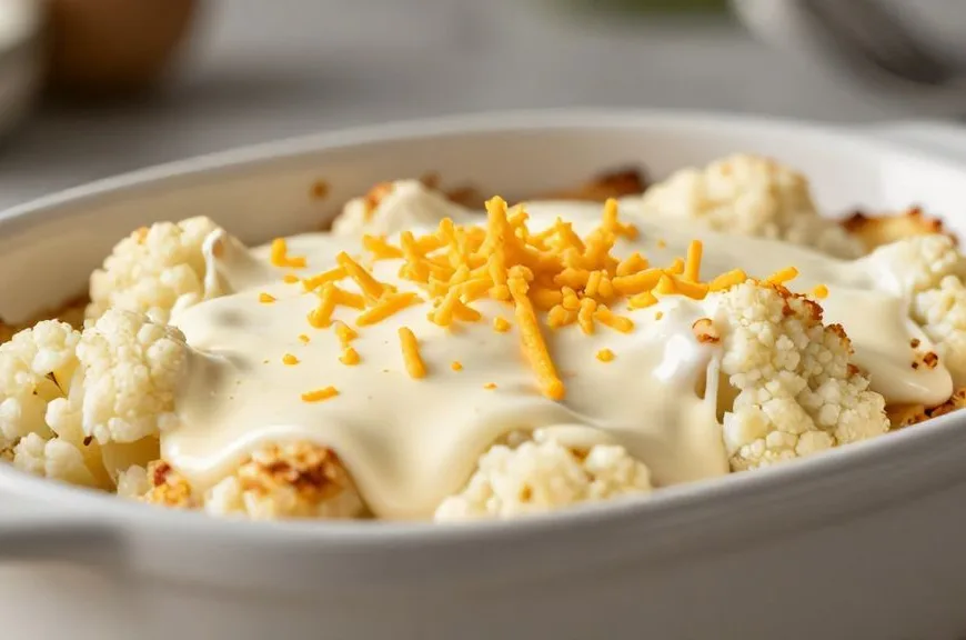 Préparation d'un gratin de chou-fleur nappé d'une généreuse couche de bechamel thermomix avant cuisson.