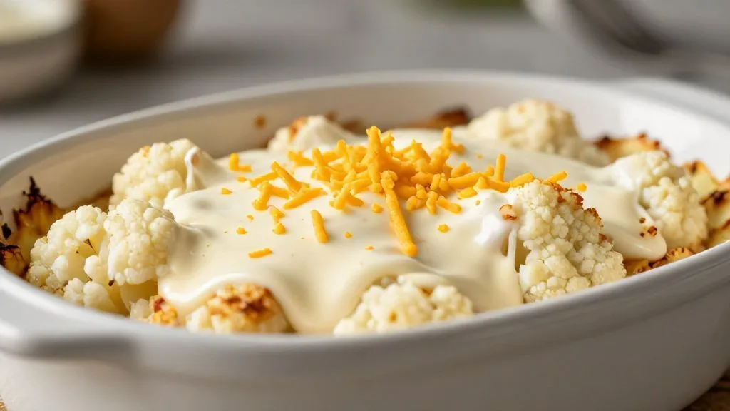 Préparation d'un gratin de chou-fleur nappé d'une généreuse couche de bechamel thermomix avant cuisson.