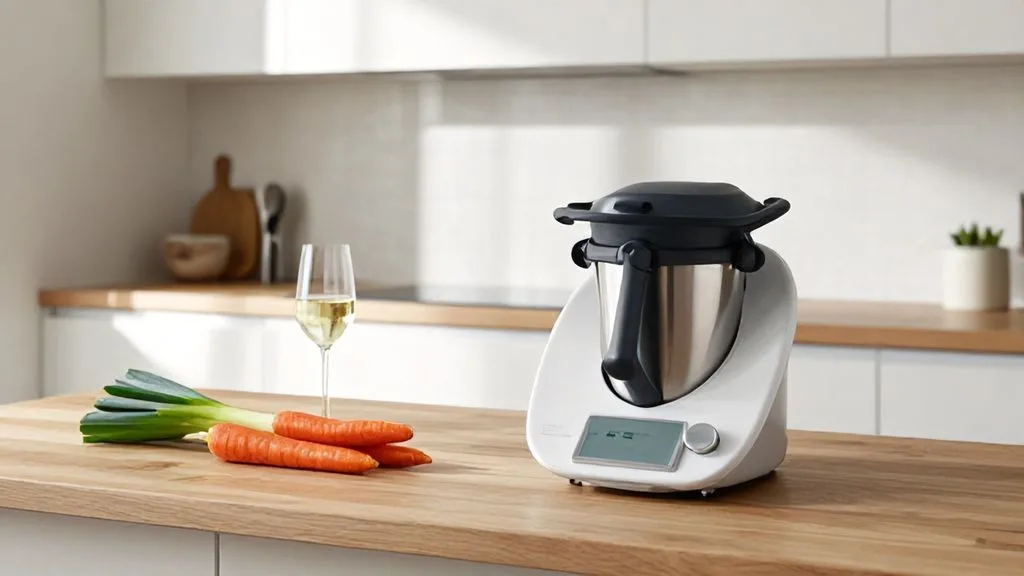 Un robot Thermomix TM6 sur un plan de travail en bois dans une cuisine française lumineuse avec des légumes frais.
