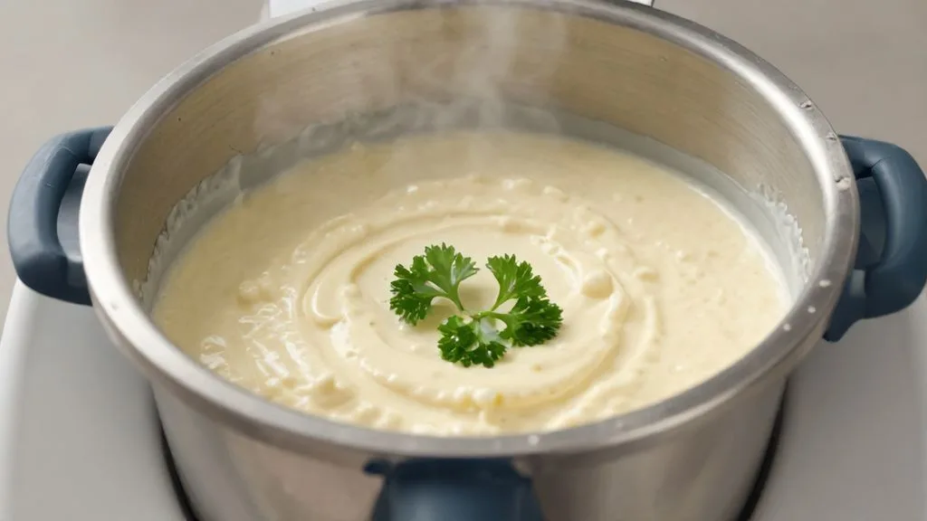 Gros plan sur une blanquette de veau onctueuse préparée selon une recette thermomix dans le bol en inox.