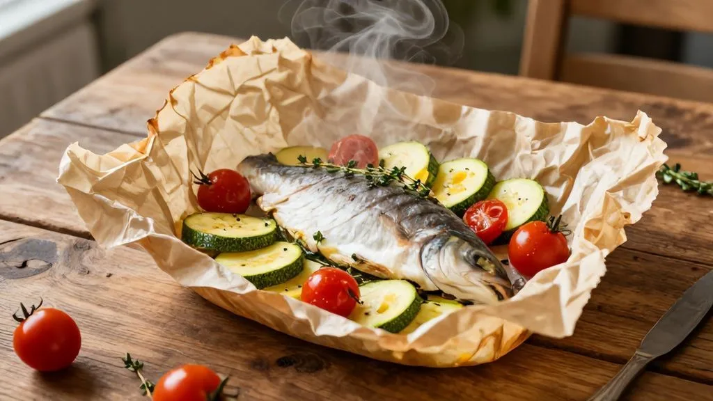 Délicieuse recette healthy de poisson en papillote avec légumes du soleil et herbes de Provence, servie sur une table en bois.