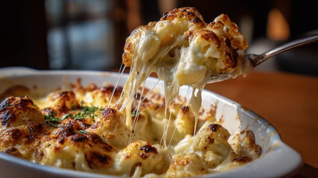 Une cuillère servant une part généreuse de gratin de chou-fleur, révélant une sauce crémeuse et du fromage fondant à l'intérieur.