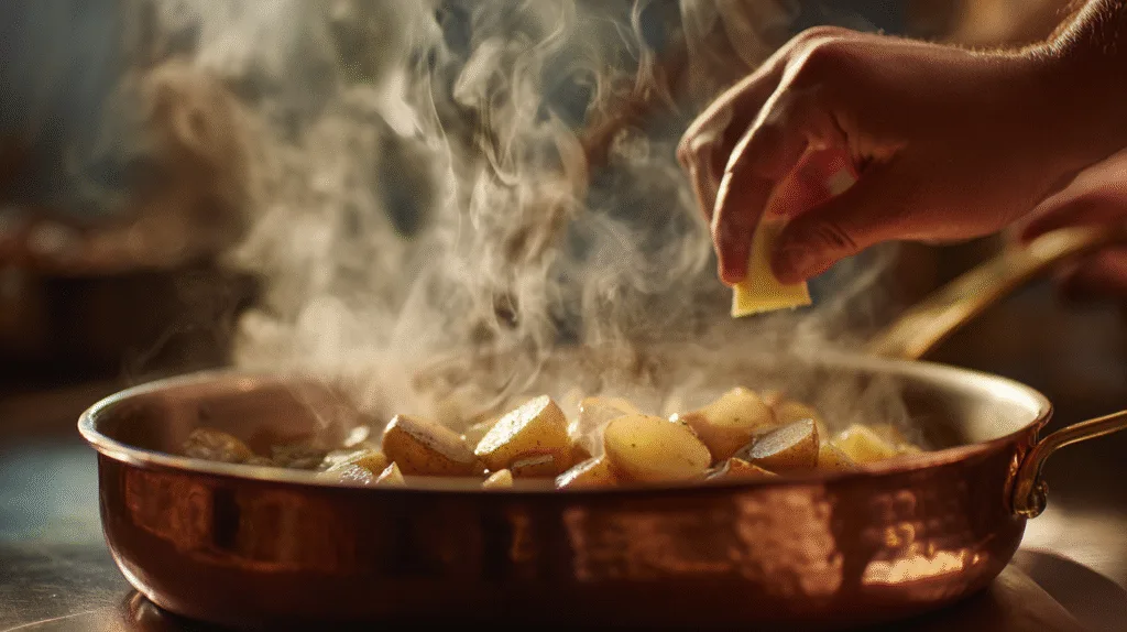 navet — technique de cuisson du glaçage, main du chef ajoutant du beurre dans une poêle en cuivre contenant des navets qui mijotent avec de la vapeur, gros plan