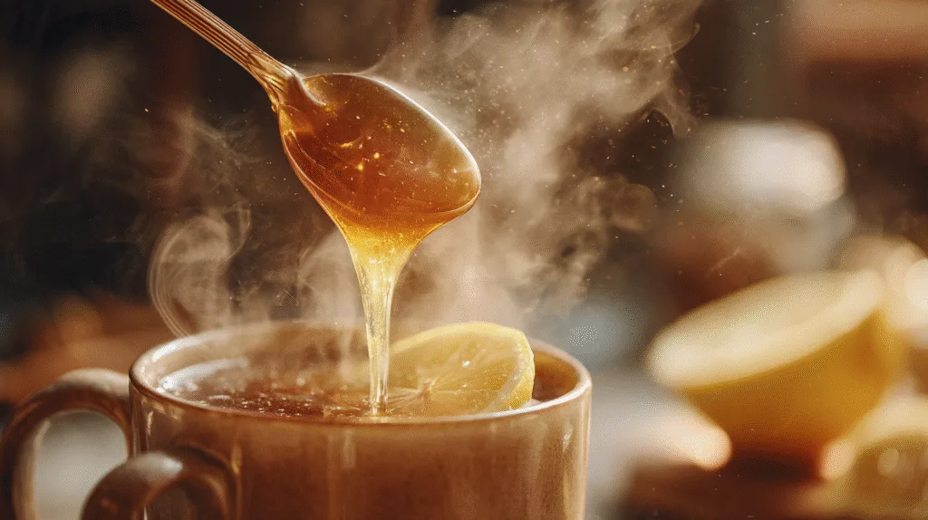 Une main versant du miel liquide dans une tasse d'eau chaude citronnée pour préparer un remède contre le rhume.