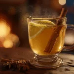 Tasse de grog fumante posée sur une table en bois rustique près d'une cheminée, ambiance hivernale cocooning en France.