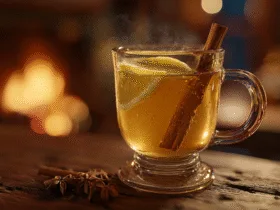 Tasse de grog fumante posée sur une table en bois rustique près d'une cheminée, ambiance hivernale cocooning en France.