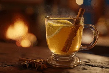 Tasse de grog fumante posée sur une table en bois rustique près d'une cheminée, ambiance hivernale cocooning en France.